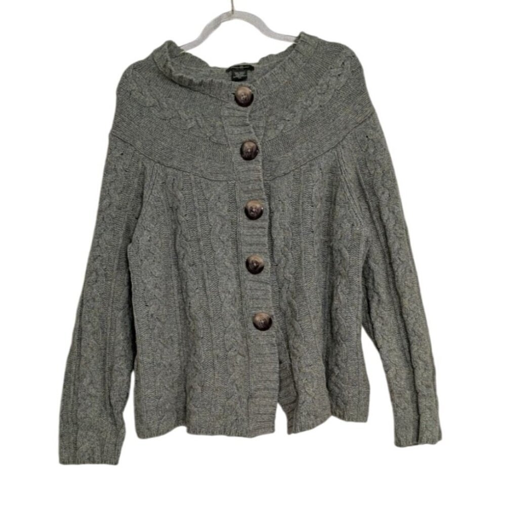Vintage Eddie Bauer Cable Knit Cardigan Womens Size XL Green Wool Blend Sweater